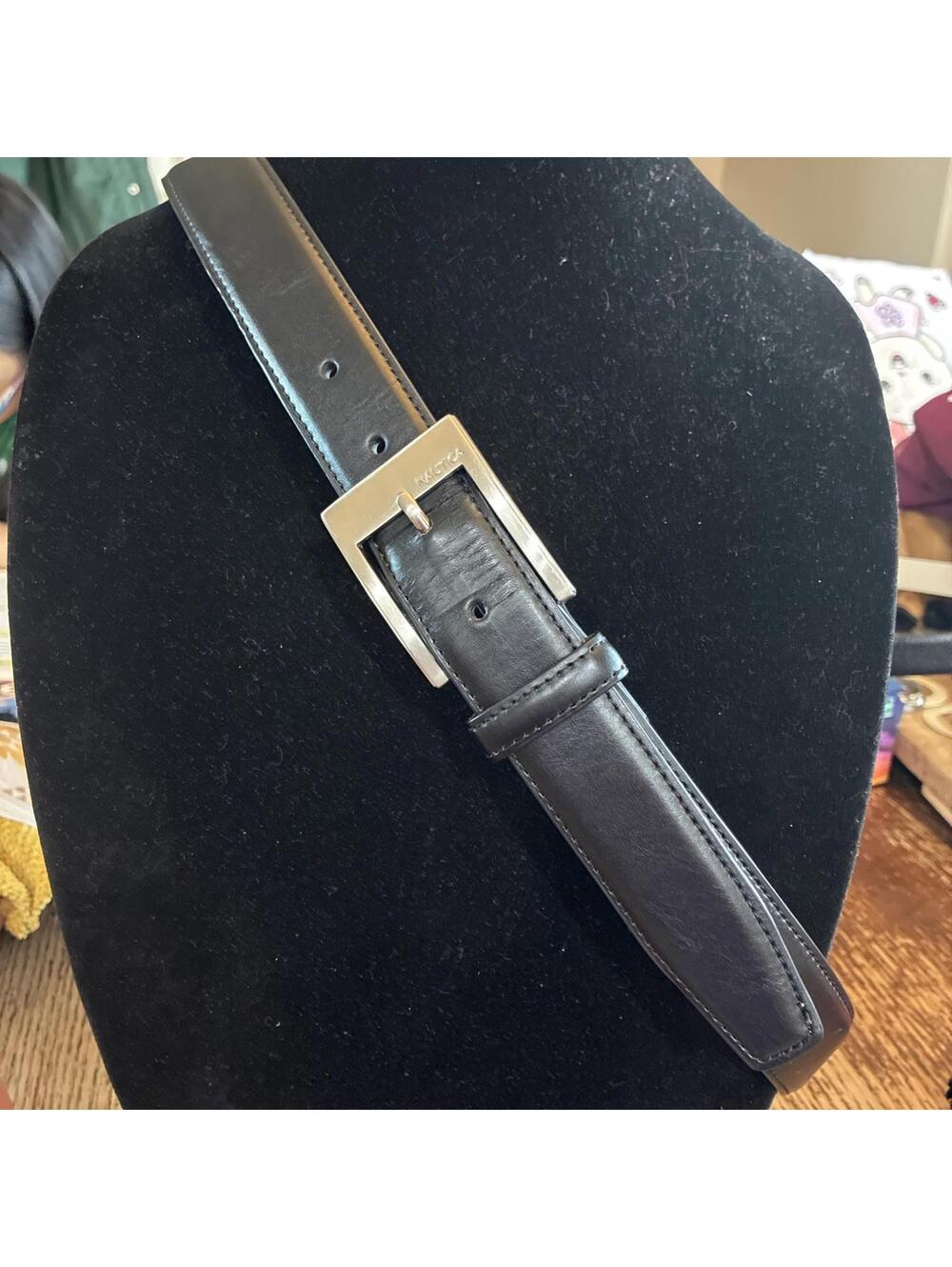 Nautica Men's Leather Belt Navy Blue Silver Buckle Size 36